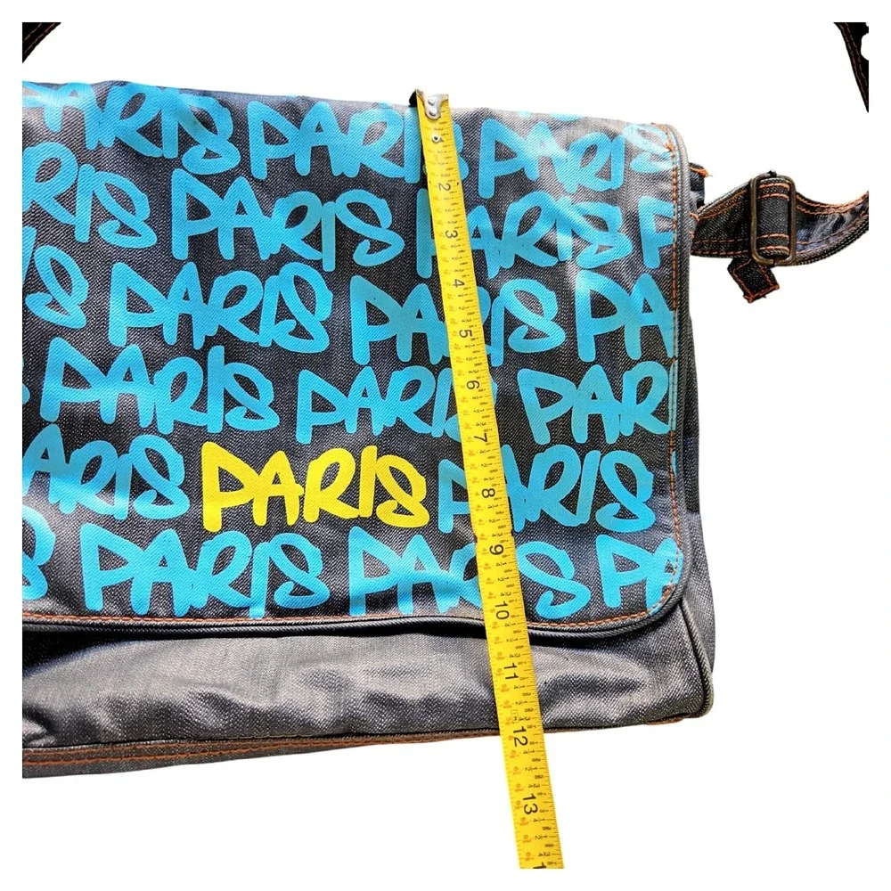 Robin Ruth Paris Denim Messenger Bag Graffiti Print Adjustable Strap Excellent